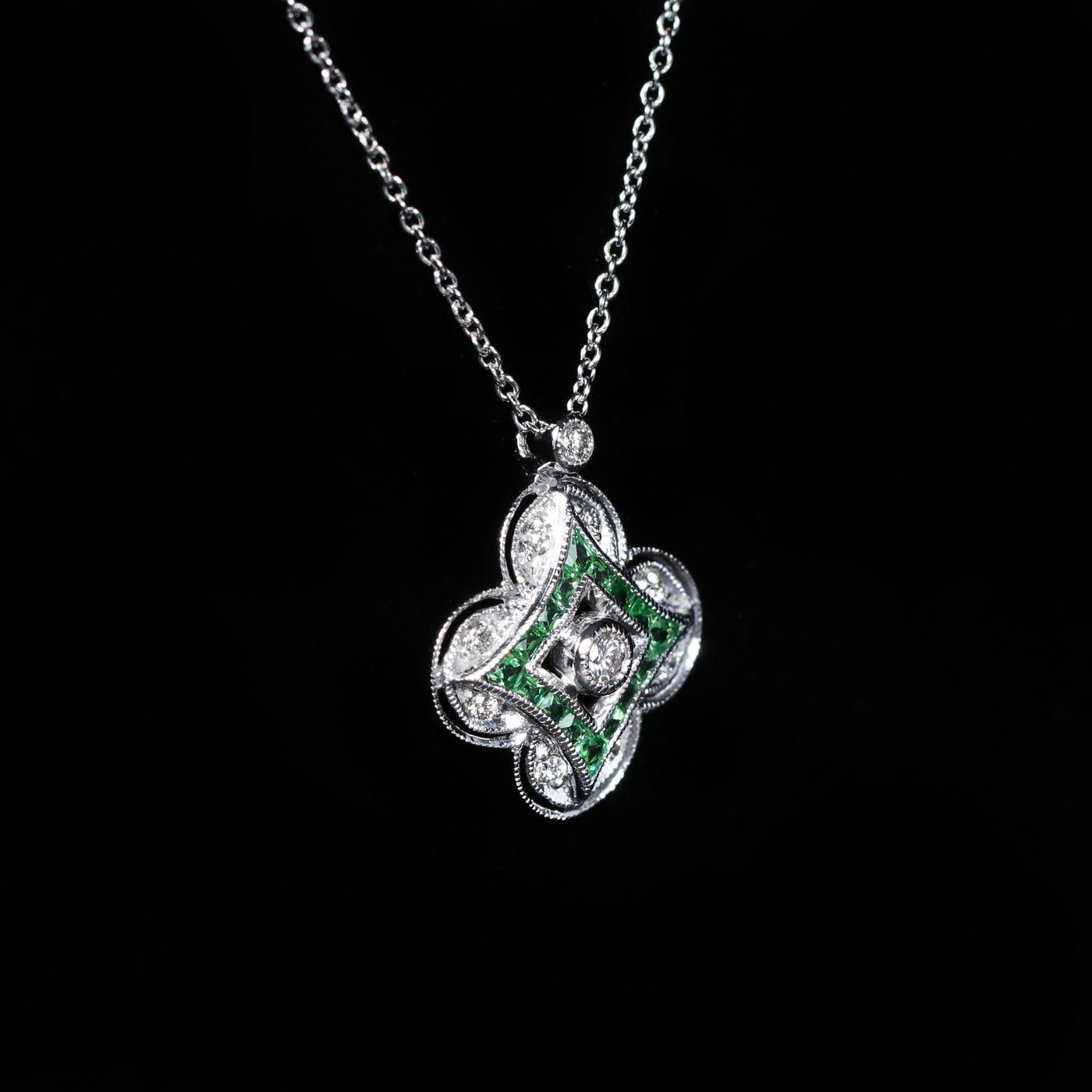 14K White Gold Diamond and Tsavorite Garnet Necklace