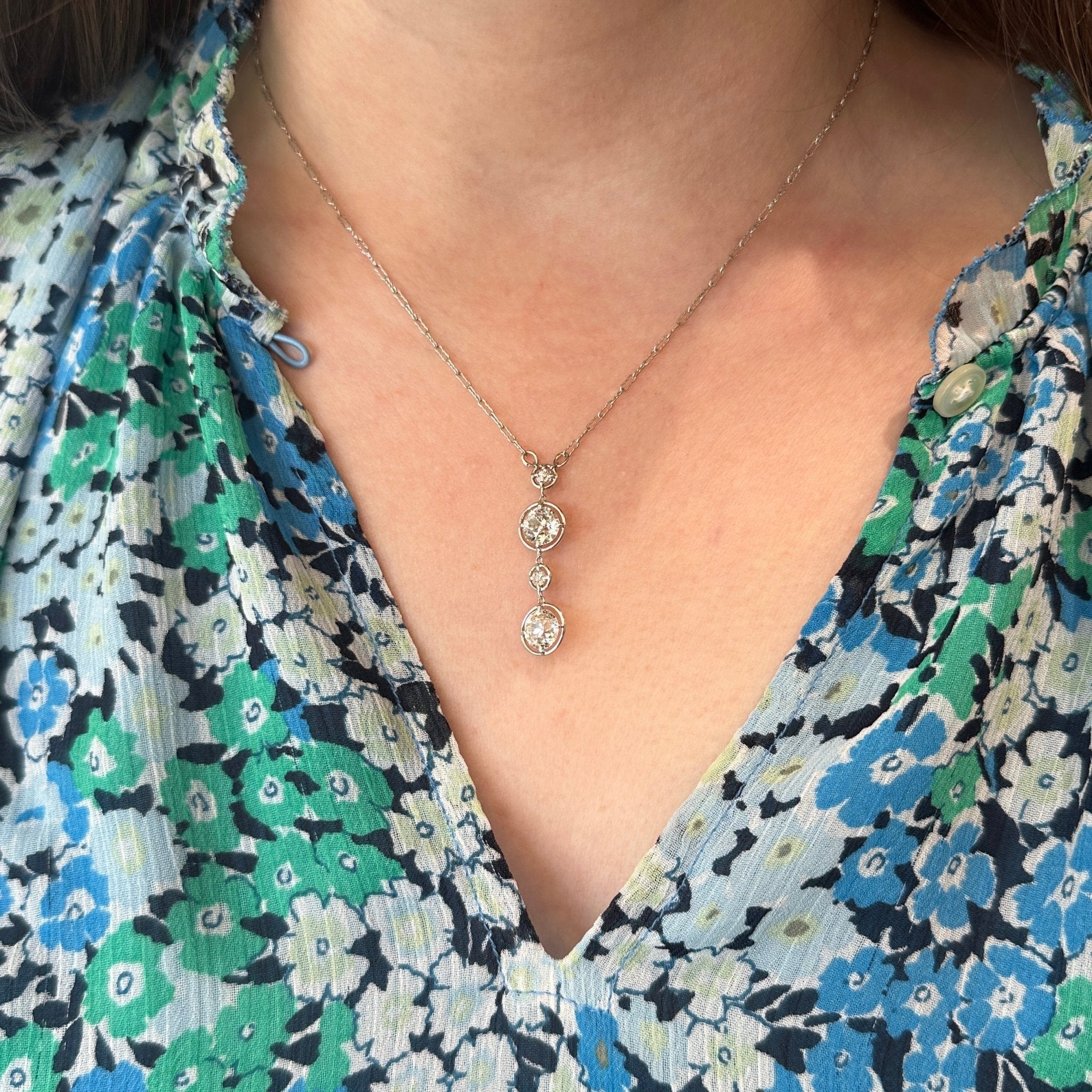 Art Deco 2.81 CTW Old European Cut Diamond Drop Necklace - Walton's Jewelry