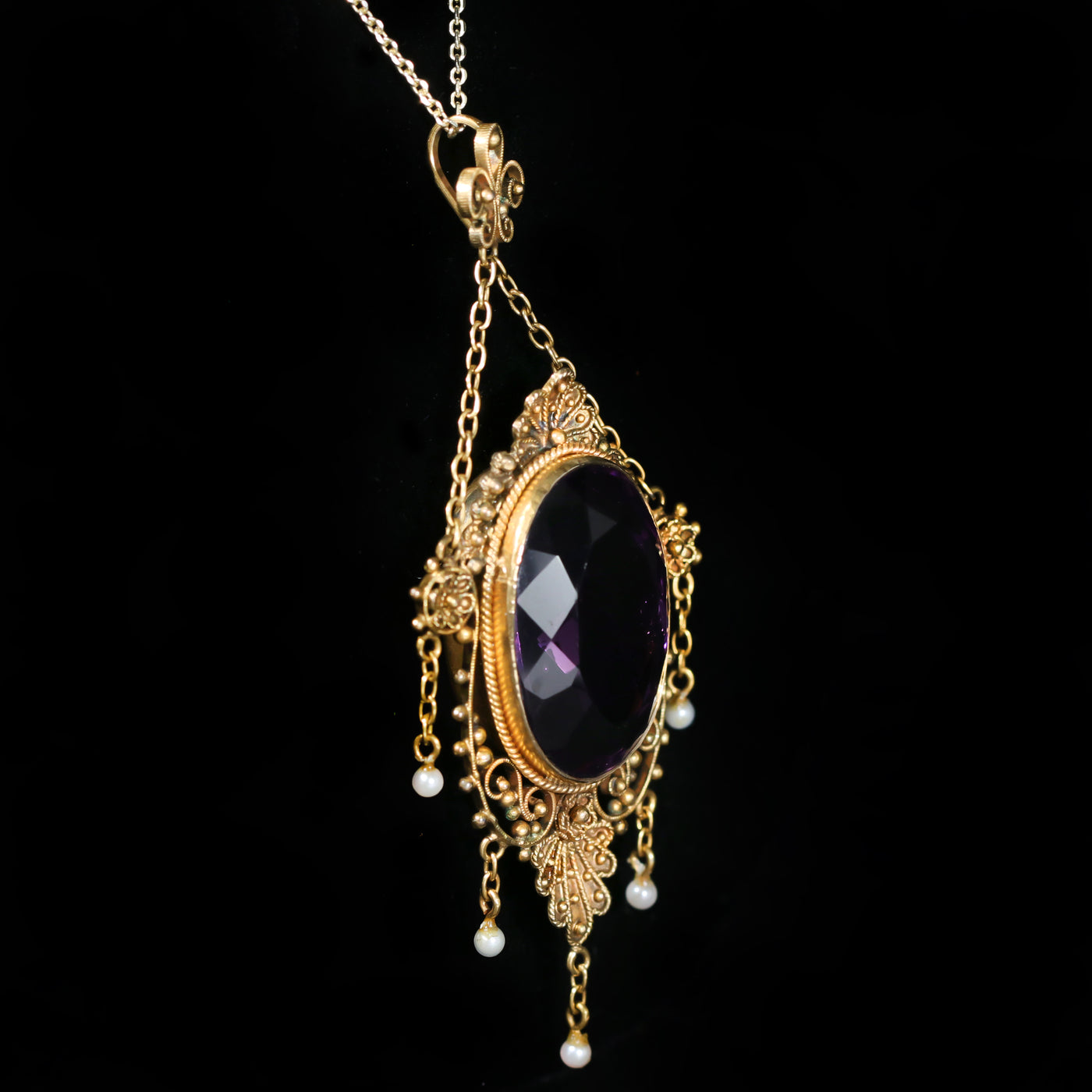 Victorian 14K Yellow Gold 16.00 Carat Amethyst and Pearl Pendant