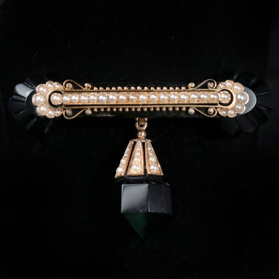 Victorian 14k Yellow Gold Onyx and Pearl Brooch