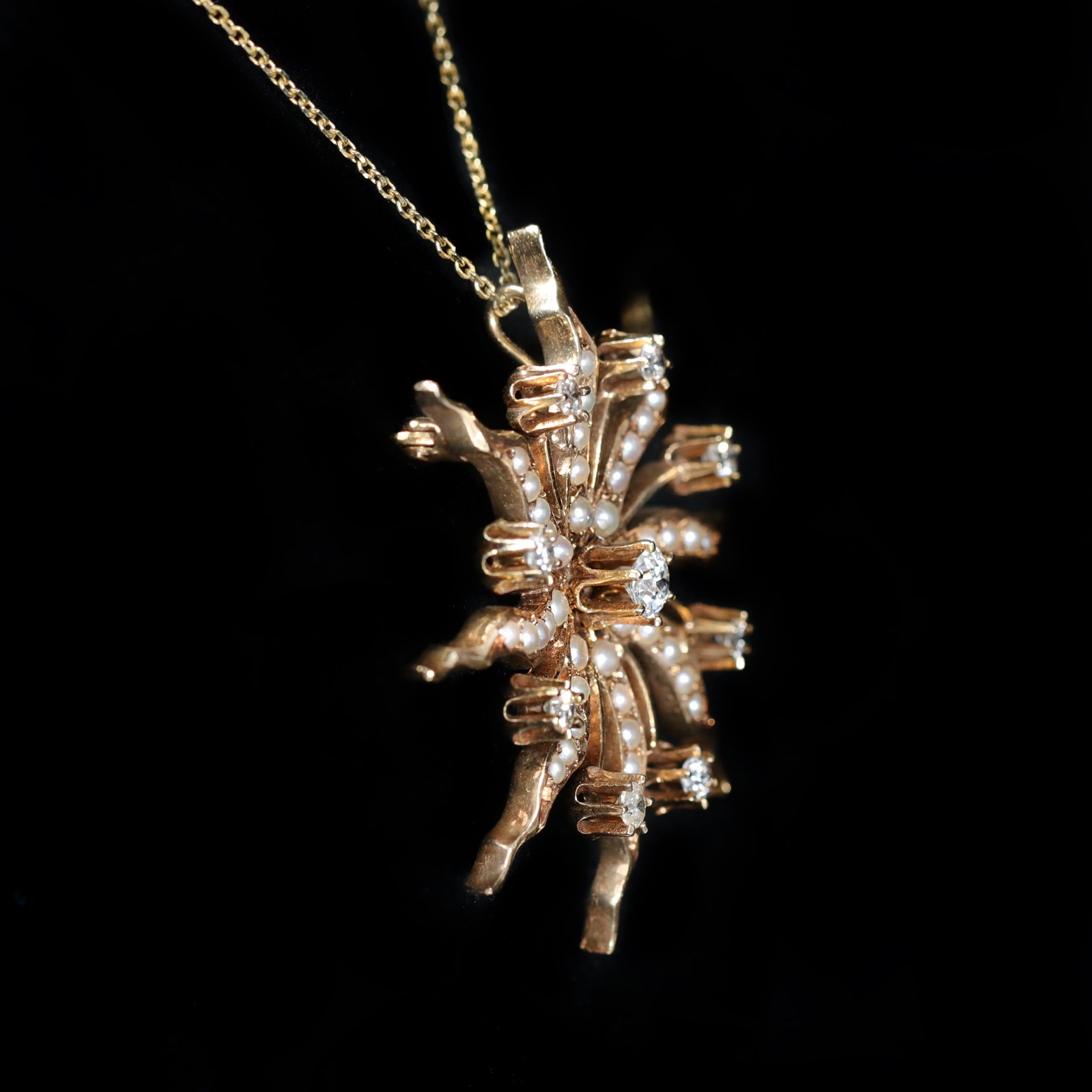 Estate Old Mine Cut Diamond and Seed Pearl Starburst Pendant/Brooch