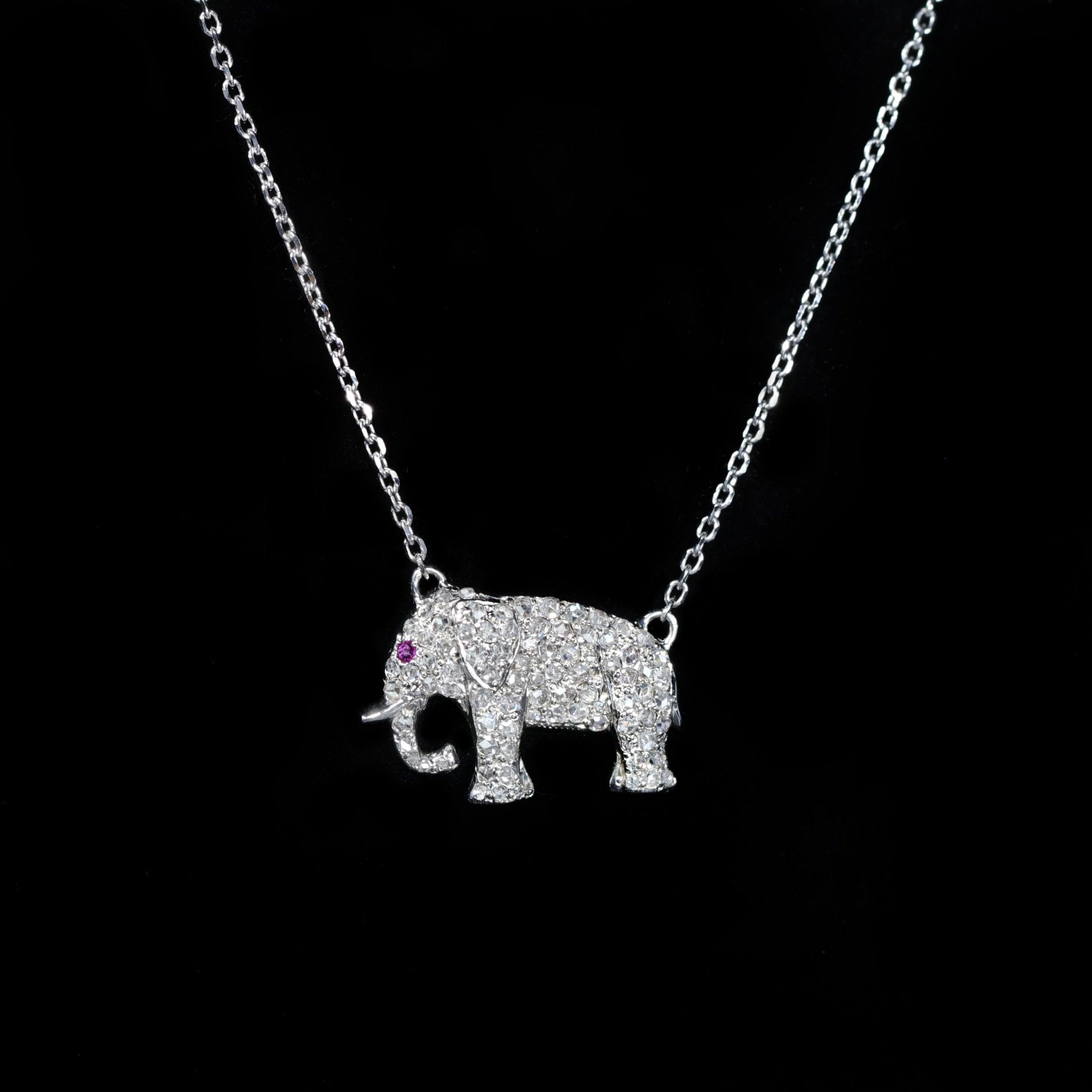 Estate 14K White Gold Diamond and Ruby Elephant Necklace - Walton's Jewelry
