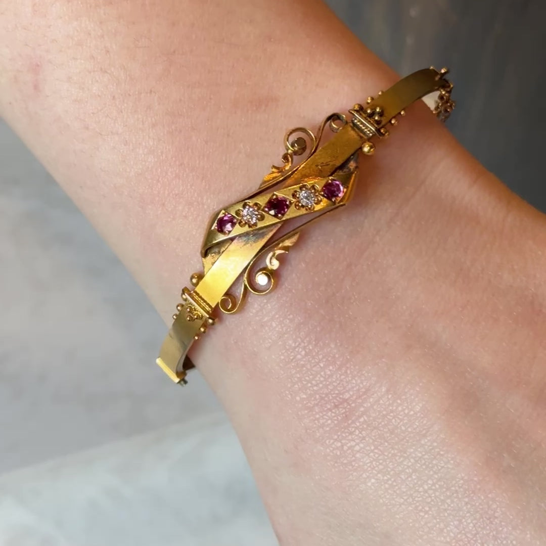 Victorian Etruscan Revival Diamond and Ruby Bangle Bracelet